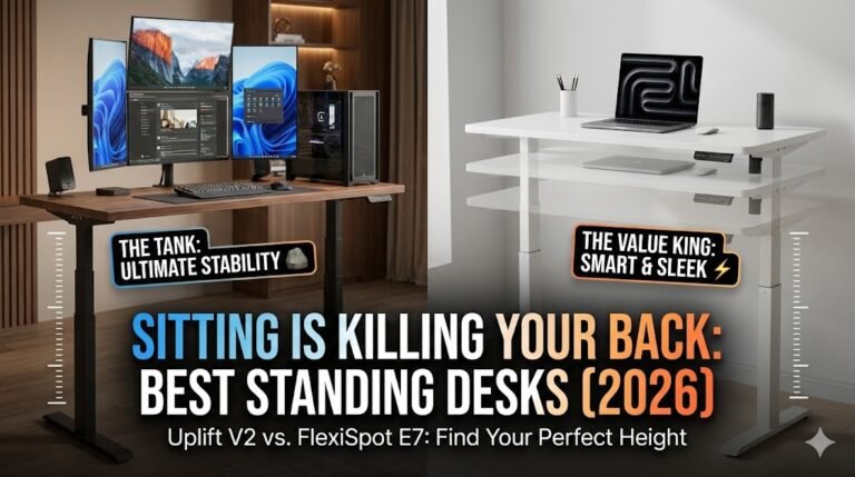 Uplift V2 vs FlexiSpot E7 Standing Desk Review 2026. Comparison of the most stable heavy-duty desk versus the best value electric height adjustable desk for back pain.