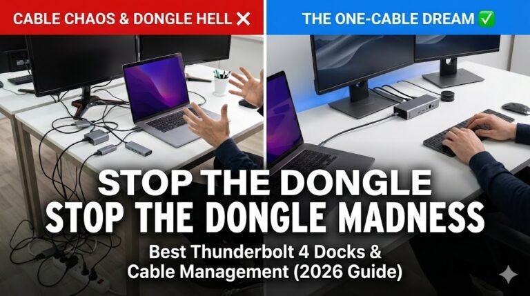 The 'Stop the Dongle Madness' blog cover comparing cable chaos and dongle hell versus a clean one-cable setup using a Thunderbolt 4 docking station like the CalDigit TS4 for Mac and PC in 2026.