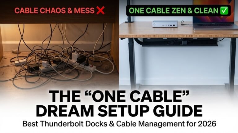 The 'One Cable' Dream Setup Guide blog cover showing a before-and-after comparison of messy desk wires versus a clean standing desk organized with a Thunderbolt 4 dock and cable management tray.