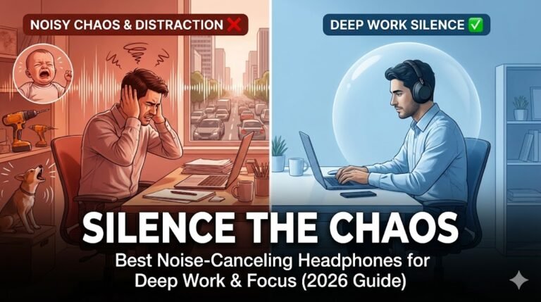 Blog cover image for 'Silence the Chaos': A comparison of a distracted remote worker suffering from noise versus a focused worker using the best noise-canceling headphones for deep work in 2026.