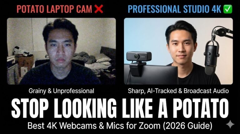 The 'Stop Looking Like a Potato' blog cover comparing a grainy laptop camera video versus a professional 4K studio setup using an Insta360 Link 2 webcam and Blue Yeti microphone for Zoom calls in 2026.