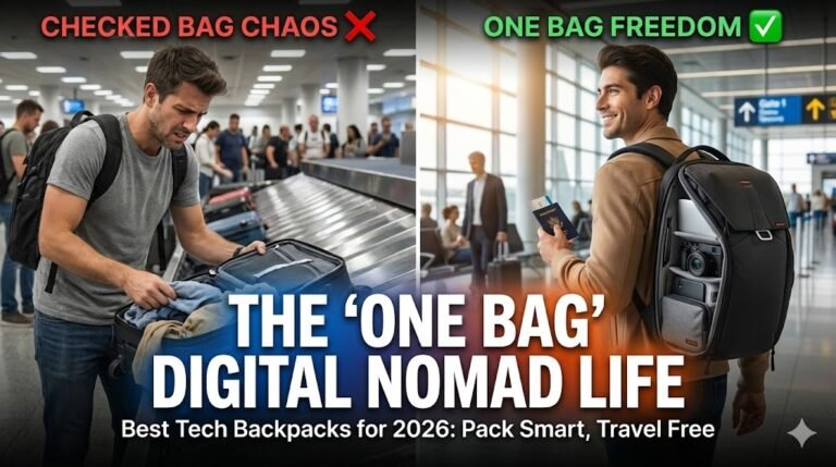The 'One Bag' Digital Nomad Life blog cover comparing a stressed traveler with checked luggage chaos versus a happy nomad with an organized tech backpack for 2026 travel.